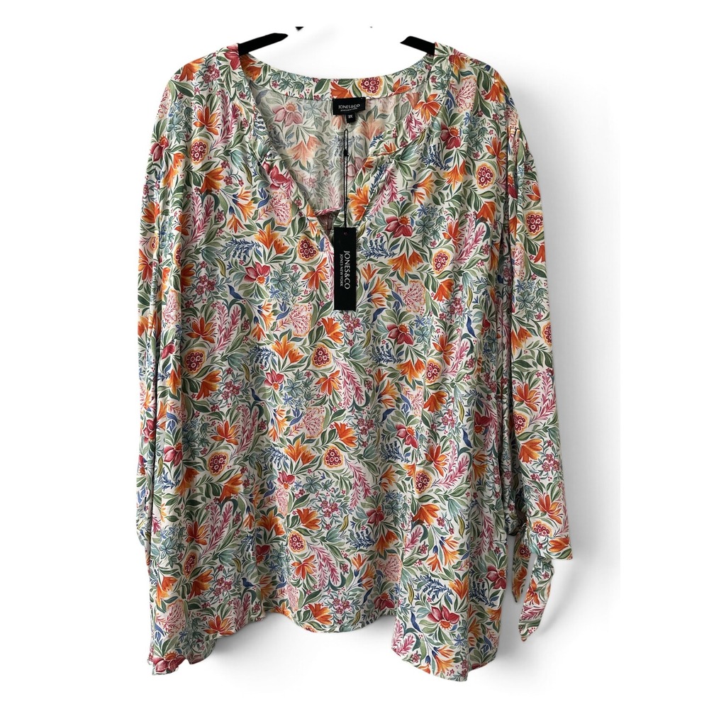 Jones New York 3X Floral Blouse Tie Cuff Long Sleeve NWT Rayon